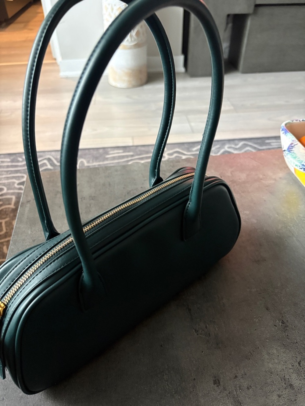 Dark Green faux Leather Shoulder Bag with Gold Zipper - Picture 1 of 4
